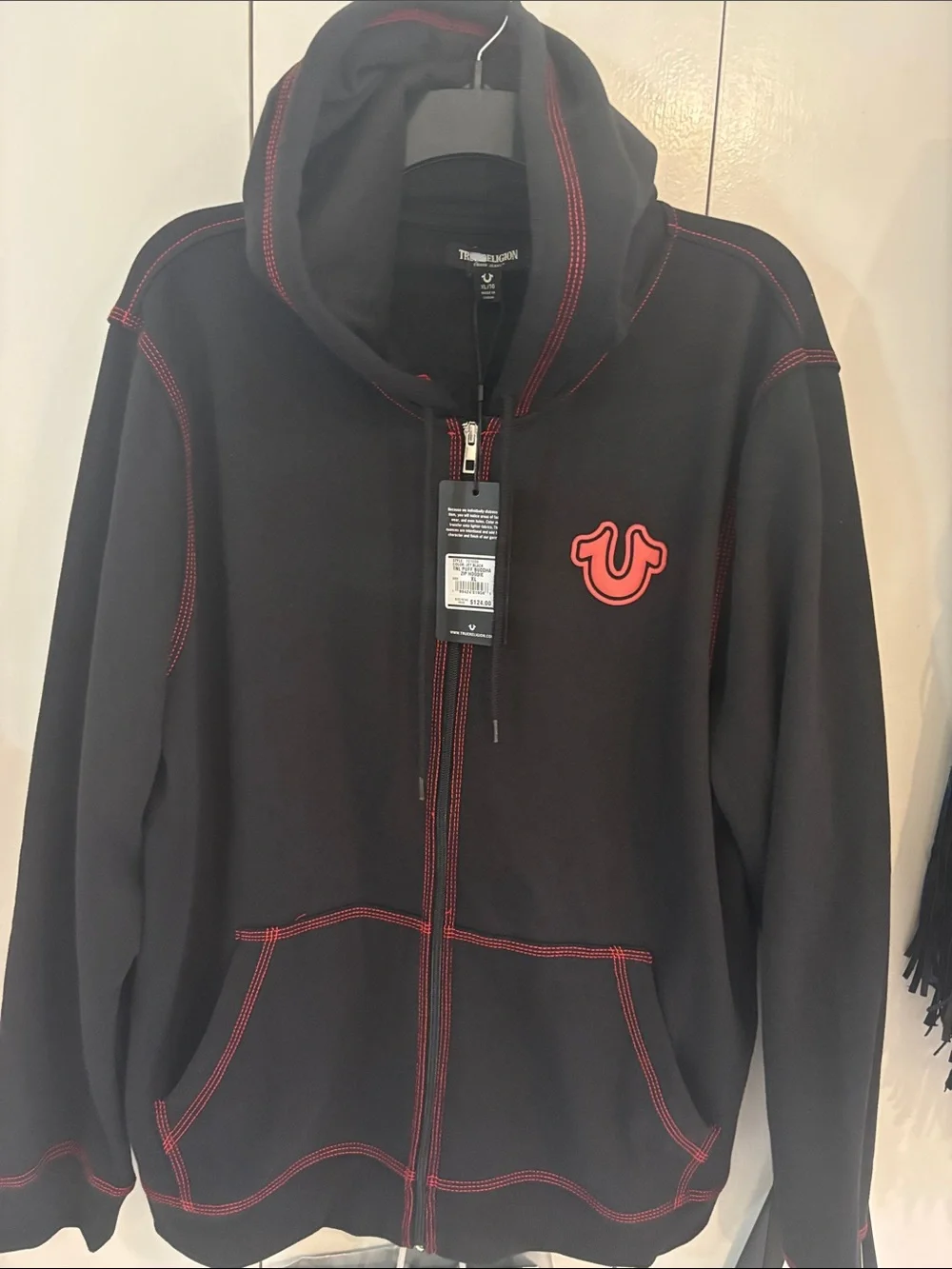 True Religion NEW Mens TNL Puff Buddha Full Zip Hoodie Black Red Stitch,XL